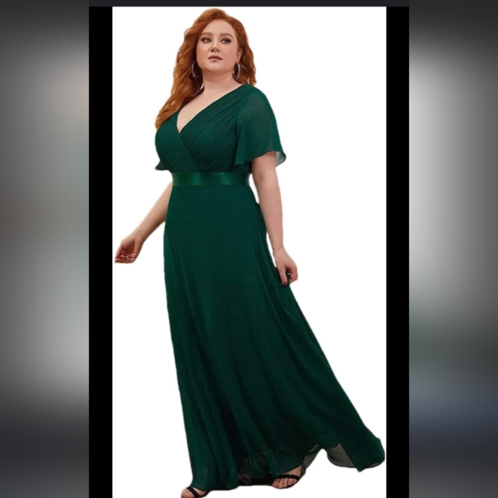 Long Chiffon Empire Waist Bridesmaid Dress with Short Flutter Sleeves ~ Emerald